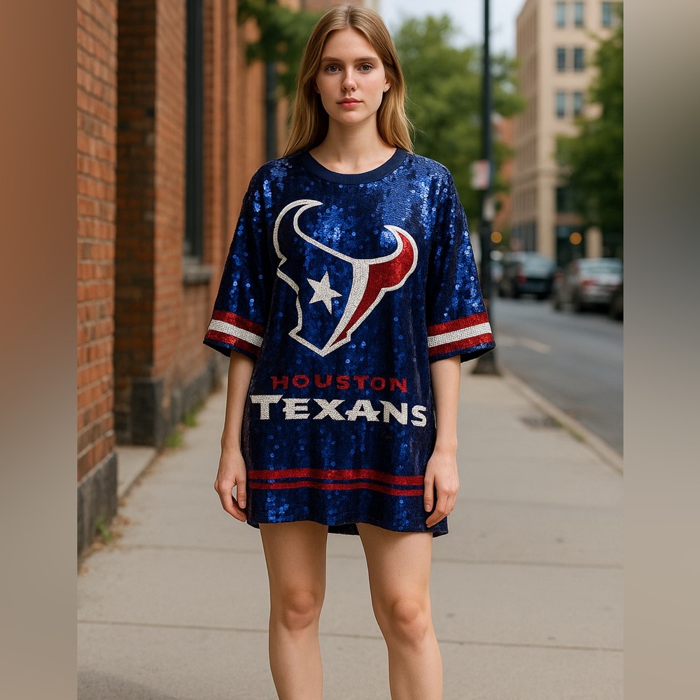 Houston Texans shirt size large women short dress sequin glitter blue new